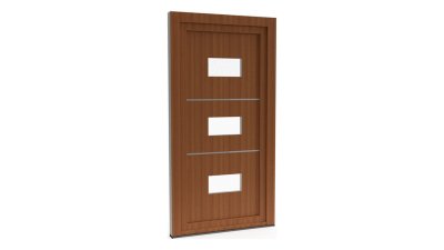 Porte d'entrée PVC modèle 099 – Semi-Vitrée Moderne, 3 Vitrages Horizontaux et Baguettes, visuel en finition bois