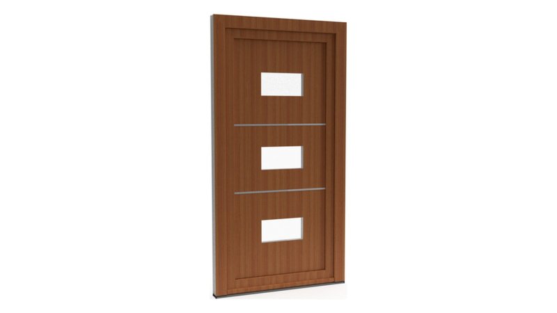Porte d'entrée PVC modèle 099 – Semi-Vitrée Moderne, 3 Vitrages Horizontaux et Baguettes, visuel en finition bois