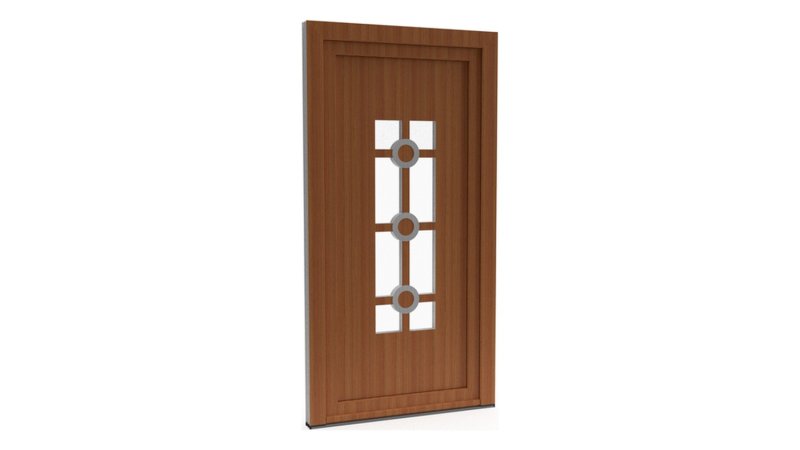 Porte d'entrée PVC modèle 102 – Vitrée Style Ancien, Croisillons et 3 Anneaux, visuel en finition bois