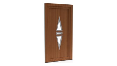 Porte d'entrée PVC modèle 105 – Semi-Vitrée Design, 2 Triangles Opposés, visuel en finition bois