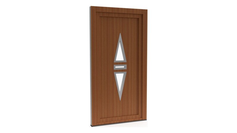 Porte d'entrée PVC modèle 105 – Semi-Vitrée Design, 2 Triangles Opposés, visuel en finition bois