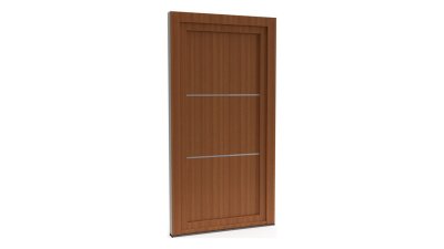 Porte d'entrée PVC modèle 107 – Pleine Moderne, 2 Baguettes Horizontales, visuel en finition bois
