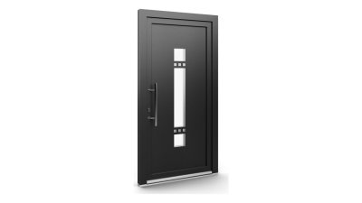 Porte d'entrée PVC modèle 115 – Semi-Vitrée Moderne, Long Vitrage et Petits Carrés, visuel en finition gris anthracite