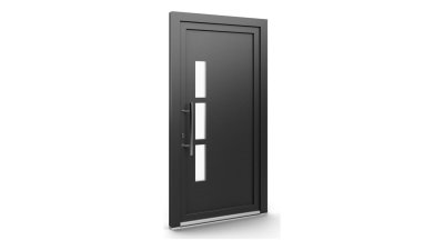 Porte d'entrée PVC modèle 118 – Semi-Vitrée Moderne, 3 Vitrages Latéraux, visuel en finition gris anthracite