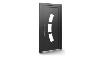 Porte d'entrée PVC modèle 119 – Semi-Vitrée Contemporaine, 3 Vitrages en Arc de Cercle, visuel en finition gris anthracite