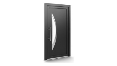 Porte d'entrée PVC modèle 120 – Vitrée Contemporaine, Croissant à Large Entourage, visuel en finition gris anthracite