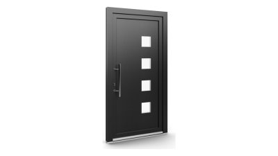 Porte d'entrée PVC modèle 122 – Semi-Vitrée Moderne, 4 Carreaux Décalés, visuel en finition gris anthracite