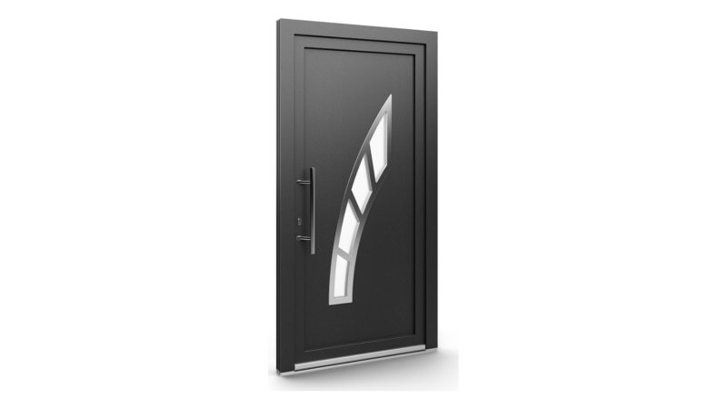 Porte d'entrée PVC modèle 124 – Vitrée Contemporaine, Grande Courbe Ascendante, visuel en finition gris anthracite