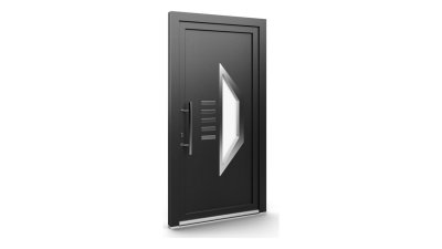 Porte d'entrée PVC modèle 125 – Semi-Vitrée Design, Pans Coupés et Barrettes, visuel en finition gris anthracite