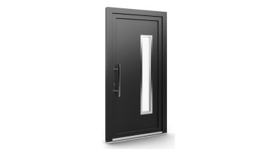 Porte d'entrée PVC modèle 135 – Vitrée Moderne, Grand Vitrage Vertical Décalé, visuel en finition gris anthracite