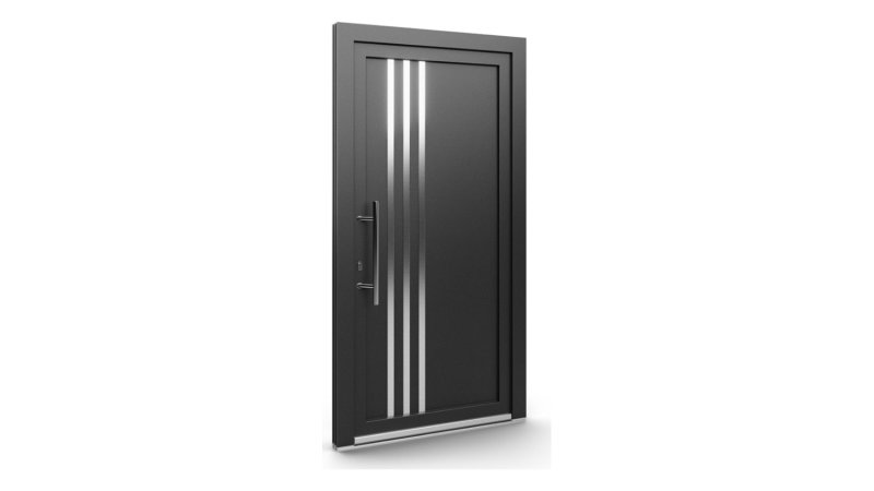 Porte d'entrée PVC modèle 137 – Pleine Design, 3 Bandes Verticales, visuel en finition gris anthracite