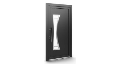 Porte d'entrée PVC modèle 138 – Vitrée Contemporaine, Grand Vitrage Galbé, visuel en finition gris anthracite