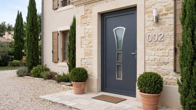 Porte d'entrée PVC sur mesure Semi-Vitrée Design, Vitrage en Calice et 2 Carreaux – modèle 002, photo d'ambiance