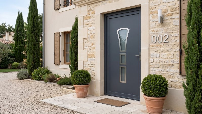 Porte d'entrée PVC sur mesure Semi-Vitrée Design, Vitrage en Calice et 2 Carreaux – modèle 002, photo d'ambiance
