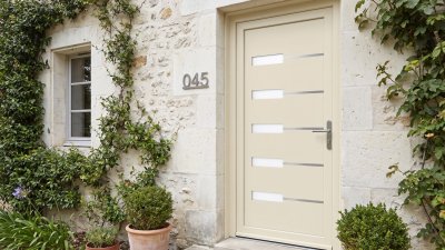 Porte d'entrée PVC sur mesure Semi-Vitrée Moderne, 5 Vitrages et Baguettes Horizontales – modèle 045, photo d'ambiance