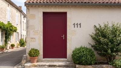 Porte d'entrée PVC sur mesure Pleine Moderne, 3 Rainures Horizontales – modèle 111, photo d'ambiance
