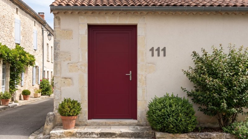 Porte d'entrée PVC sur mesure Pleine Moderne, 3 Rainures Horizontales – modèle 111, photo d'ambiance