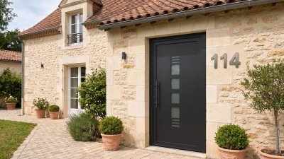 Porte d'entrée PVC sur mesure Semi-Vitrée Moderne, 4 Vitrages et Fines Fentes – modèle 114, photo d'ambiance