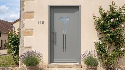 Porte d'Entrée PVC Sur Mesure – Semi-Vitrée Design, Éventail sur Tige
