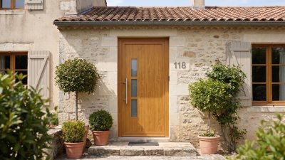 Porte d'entrée PVC sur mesure Semi-Vitrée Moderne, 3 Vitrages Latéraux – modèle 118, photo d'ambiance