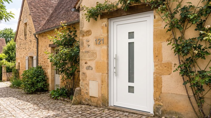 Porte d'entrée PVC sur mesure Semi-Vitrée Moderne, Long Vitrage et 2 Carreaux – modèle 121, photo d'ambiance