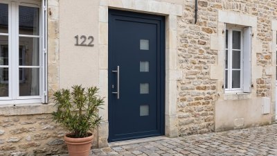 Porte d'Entrée PVC Sur Mesure – Semi-Vitrée Moderne, 4 Carreaux Décalés