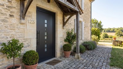Porte d'entrée PVC sur mesure Semi-Vitrée Moderne, Colonne de Carreaux Rythmée – modèle 123, photo d'ambiance