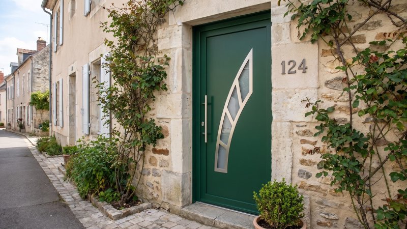 Porte d'entrée PVC sur mesure Vitrée Contemporaine, Grande Courbe Ascendante – modèle 124, photo d'ambiance