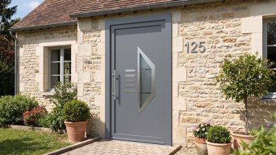 Porte d'entrée PVC sur mesure Semi-Vitrée Design, Pans Coupés et Barrettes – modèle 125, photo d'ambiance