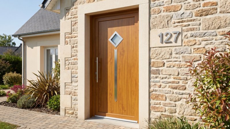 Porte d'entrée PVC sur mesure Semi-Vitrée Design, Losange sur Longue Baguette – modèle 127, photo d'ambiance