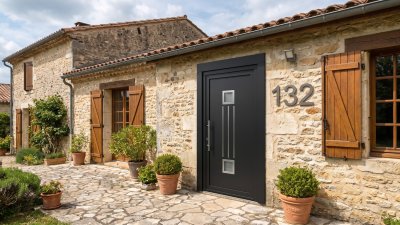 Porte d'entrée PVC sur mesure Semi-Vitrée Design, 2 Carreaux Reliés par 3 Tiges – modèle 132, photo d'ambiance