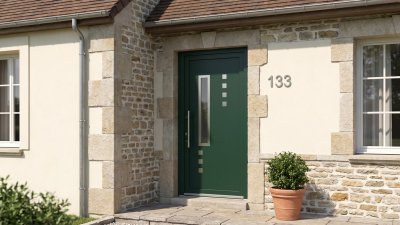 Porte d'entrée PVC sur mesure Semi-Vitrée Design, Vitrage Décalé et Petits Carrés – modèle 133, photo d'ambiance