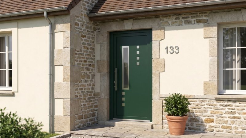 Porte d'entrée PVC sur mesure Semi-Vitrée Design, Vitrage Décalé et Petits Carrés – modèle 133, photo d'ambiance