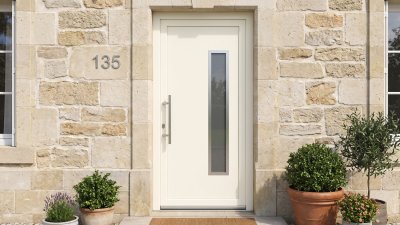 Porte d'entrée PVC sur mesure Vitrée Moderne, Grand Vitrage Vertical Décalé – modèle 135, photo d'ambiance