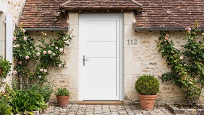 Porte d'entrée PVC sur mesure Pleine Moderne, 3 Doubles Rainures – modèle 112, photo d'ambiance