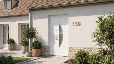 Porte d'entrée PVC sur mesure Semi-Vitrée Design, Demi-Lune et 5 Barrettes – modèle 139, photo d'ambiance