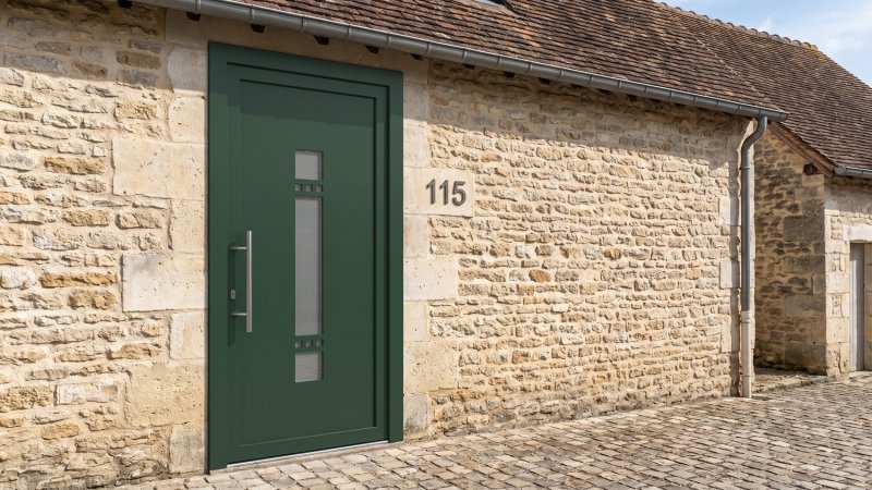 Porte d'entrée PVC sur mesure Semi-Vitrée Moderne, Long Vitrage et Petits Carrés – modèle 115, photo d'ambiance