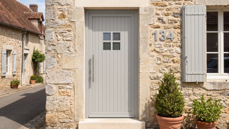 Porte d'entrée PVC sur mesure Semi-Vitrée Style Fermière, 4 Carreaux sur Lames – modèle 134, photo d'ambiance