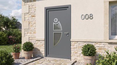 Porte d'entrée PVC sur mesure Semi-Vitrée Design, Hublot et 2 Vitrages en Lame – modèle 008, photo d'ambiance