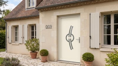 Porte d'entrée PVC sur mesure Semi-Vitrée Design, 2 Courbes et Anneau – modèle 009, photo d'ambiance