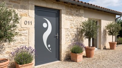 Porte d'entrée PVC sur mesure Semi-Vitrée Design, Vague en S et 3 Hublots – modèle 011, photo d'ambiance