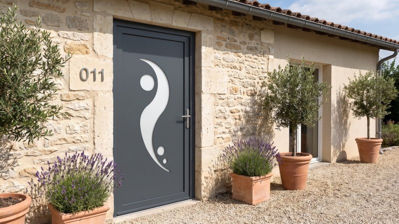 Porte d'entrée PVC sur mesure Semi-Vitrée Design, Vague en S et 3 Hublots – modèle 011, photo d'ambiance