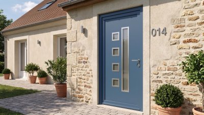 Porte d'entrée PVC sur mesure Semi-Vitrée Moderne, 4 Carreaux et Fente Verticale – modèle 014, photo d'ambiance