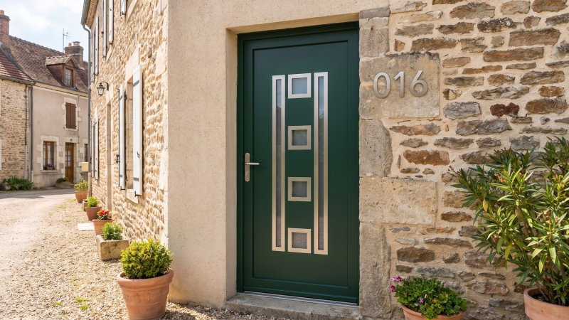 Porte d'entrée PVC sur mesure Semi-Vitrée Moderne, 4 Carreaux entre 2 Fentes – modèle 016, photo d'ambiance