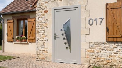Porte d'entrée PVC sur mesure Semi-Vitrée Design, Triangle et 5 Pastilles – modèle 017, photo d'ambiance