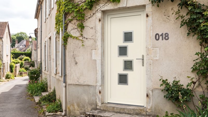 Porte d'entrée PVC sur mesure Semi-Vitrée Moderne, 4 Carreaux en Quinconce – modèle 018, photo d'ambiance