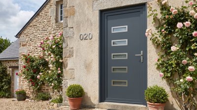 Porte d'entrée PVC sur mesure Semi-Vitrée Moderne, 5 Fentes Horizontales – modèle 020, photo d'ambiance