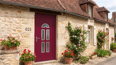Porte d'Entrée PVC Sur Mesure – Semi-Vitrée Style Ancien, Éventail et 4 Rectangles
