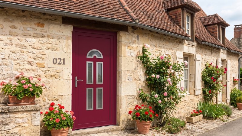 Porte d'entrée PVC sur mesure Semi-Vitrée Style Ancien, Éventail et 4 Rectangles – modèle 021, photo d'ambiance