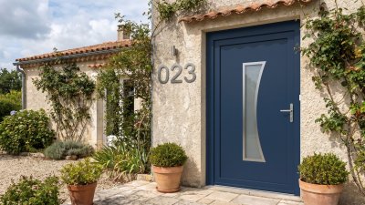 Porte d'entrée PVC sur mesure Vitrée Design, Haut Vitrage Incurvé – modèle 023, photo d'ambiance